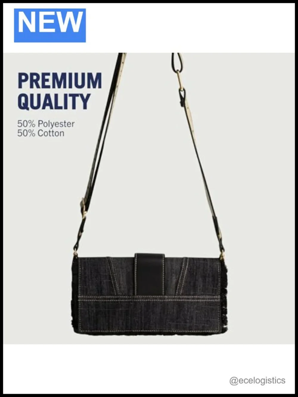Crossbody Bag with Frayed Denim and Gold Hardware, Adjustable Strap, Magnetic